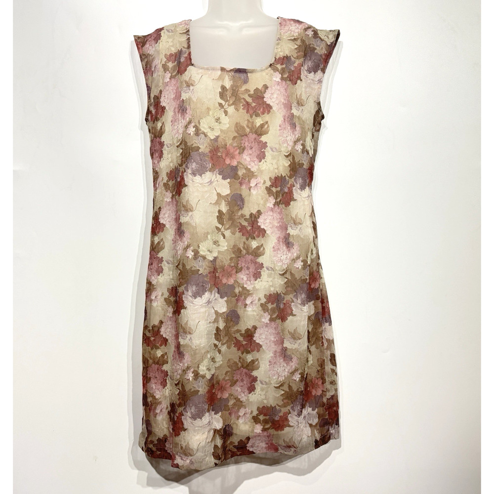 VTG Cafe Blue Dark Floral Crinkle Organza Dress Sz 10 Multicolor Romantic Soft
